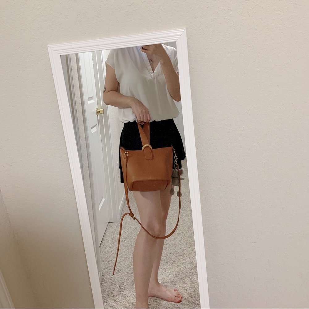 Brown crossbody tote, faux leather, suede lining